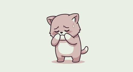 Cute cartoon kitten crying with paws covering face on light background.