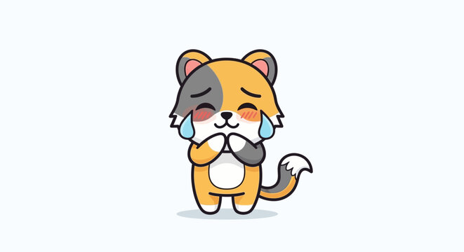 Cute cartoon sad cat with tears and paws together begging.