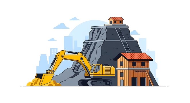Industrial excavator operating at a gold mine vector site
