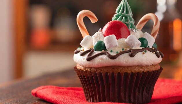 Decorative festive holiday cupcake with candy with intricate chocolate drizzle against warm marshmallows berries intricate showcases richly decorated