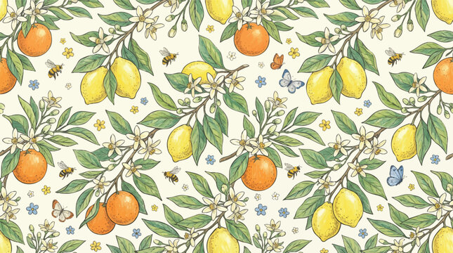 Hand Drawn Botanical Citrus Fruit Seamless Pattern with Lemons Oranges Flowers and Cute Insects