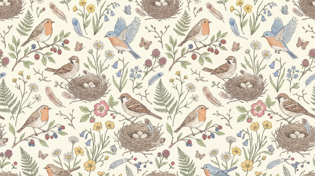 Seamless Vintage Pattern Featuring Beautiful Garden Birds and Wildflowers in a Soft Pastel Palette