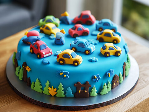 Birthday cake decorated with fondant toy cars and trees on a blue icing background, displayed on a silver cake board
