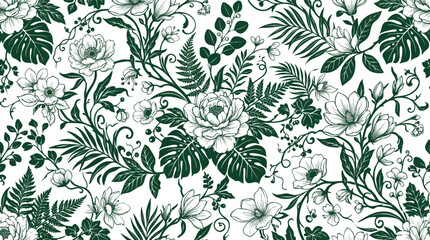Fototapeta premium Elegant Dark Green Botanical Floral Seamless Pattern With Exotic Tropical Leaves And Flowers