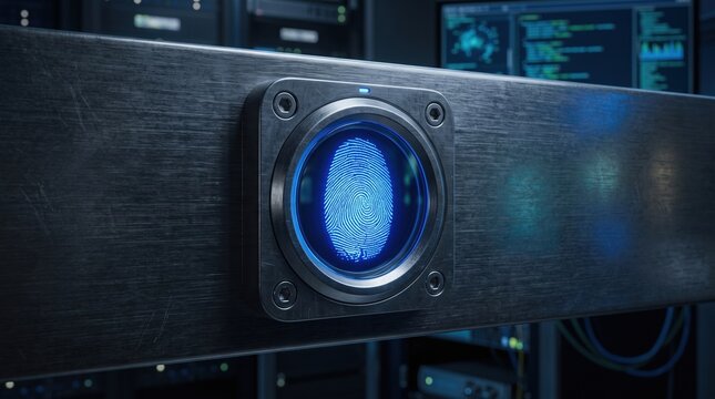 Wall mounted fingerprint reader glowing beside data screens