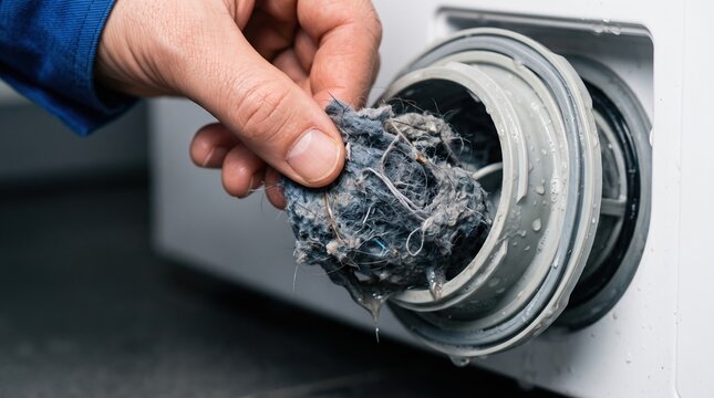 Hand pulling heavy lint from round washer filter