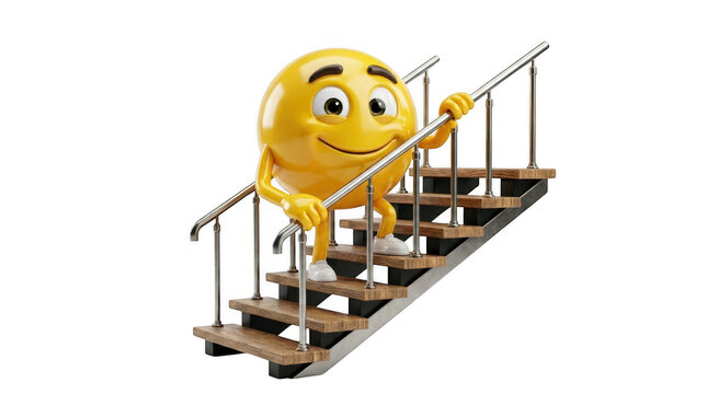 Smiling yellow cartoon character balancing on a tightrope with a bar