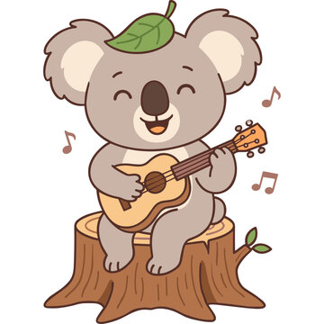 Cute cartoon koala playing the ukulele while sitting on a tree stump with musical notes around it