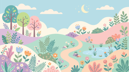 Obraz premium Pastel Spring Nature Vector Background with Meadow Pond and Moon