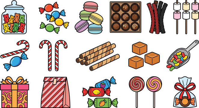 Colorful candy and sweet shop confectionery flat vector icon set isolated on white