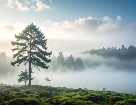 Lone Pine Tree Standing in a Misty Forest Landscape at Sunrise