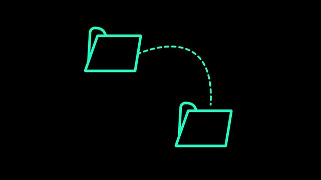 Cyan Glowing File Transfer Line Icon with Two Folders and Curved Dashed Arrow Isolated on Black Background. video..