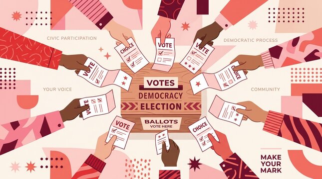 Election poster illustration with many ballot hands