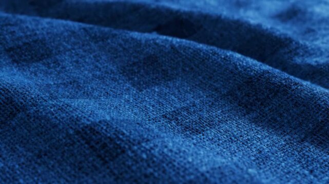 Blue wavy fabric with subtle check pattern and burlap texture moving slowly in gentle waves for abstract textile background