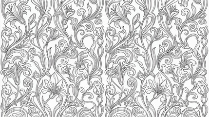 Fototapeta premium Seamless Art Nouveau Floral Pattern with Lily Flowers and Swirling Vines, Black and White Line Art Illustration for Coloring Pages and Decorative Backgrounds