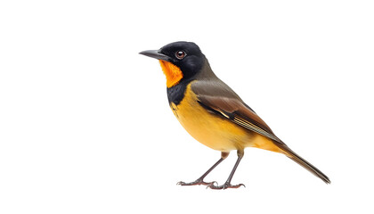 Fototapeta premium whistler, bird, yellow, avian, nature, animal, wildlife, plumage, feathers, songbird, small, perched, isolated, white, background, colorful, bright, golden, neck, throat.