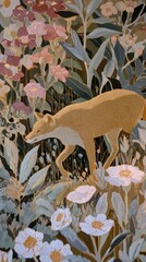 Fototapeta premium Golden fox amidst floral tapestry mobile wallpaper
