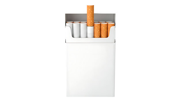 ia generated front view of an open white blank cigarette pack mockup with orange filter cigarettes, isolated on a solid white background. Clean tobacco product template for branding design.