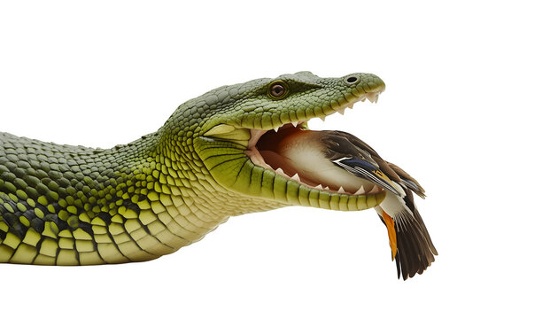 Green crocodile with sharp scales and bright eyes captures a small bird firmly within its powerful jagged jaws against a plain white background in this highly detailed digital art illustration.