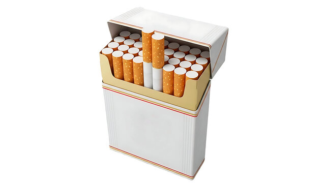 ia generated front view of an open white blank cigarette pack mockup with orange filter cigarettes, isolated on a solid white background. Clean tobacco product template for branding design.
