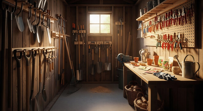 Organized garden shed with tools for spring tasks