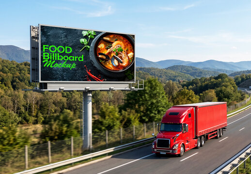 Outdoor Highway Billboard Mockup with Red Semi Truck Driving