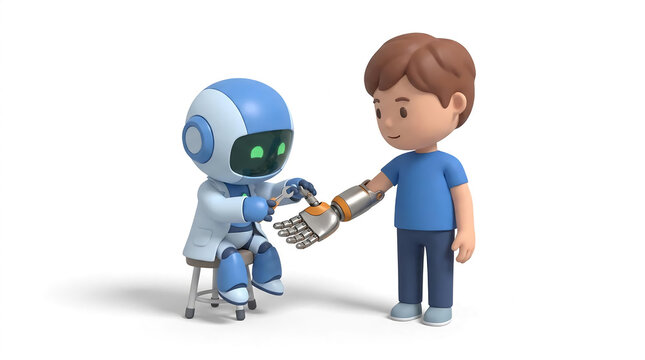 Medical robot fitting prosthetic arm on young boy patient.