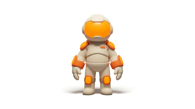 Small robot astronaut wearing orange and white space suit.