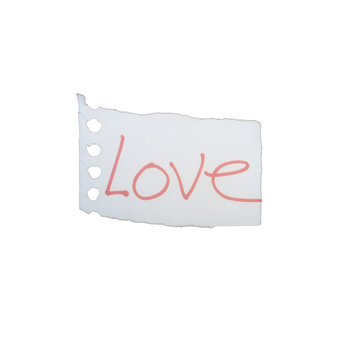 Small torn piece of paper with the handwritten word love in red ink isolated on transparent background
