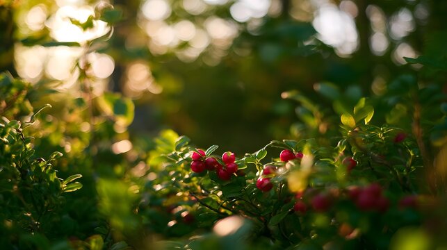 Golden hour illuminates vibrant lingonberries nestled within a tranquil forest's lush green embrace