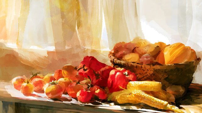 Autumn harvest bounty overflowing on a rustic table evokes warmth and seasonal abundance lifestyle stock illustration
