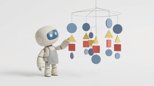 Small robot interacting with geometric shape mobile toy.