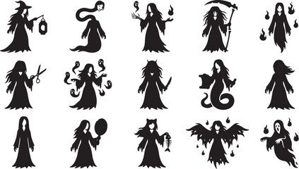 Fototapeta premium Dark necromancer spellcaster sorcerer character vector icon set