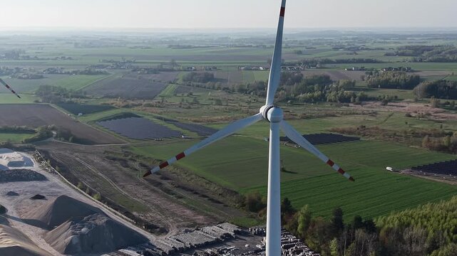 Wind turbine standing next to solar panel rows