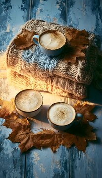 Cozy autumn hygge a warm latte blanket scene evokes seasonal comfort lifestyle photography