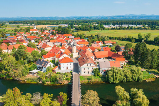 Aerial view of small town Kostanjevica na Krki in Slovenia, popular cultural site and tourist destination
