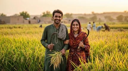 Smiling Pakistani farmers in a golden rice field at sunset holding harvesting tools © Rajesh
