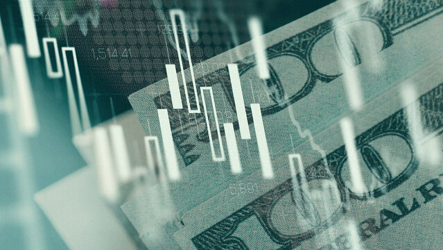 Chart shows stock exchange trading with cash in the background during a weekday market session