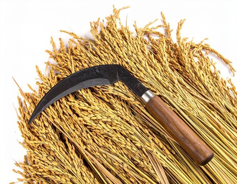 Traditional steel agricultural sickle and golden rice straw bundle isolated on white