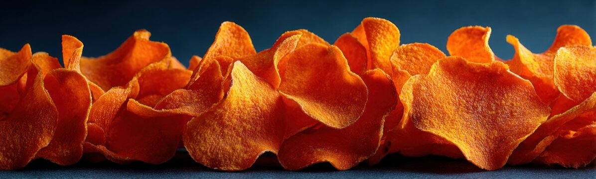 Many pieces of orange chips on a table food background