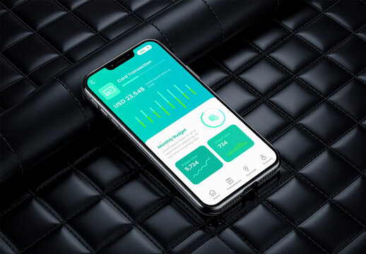 Smartphone Mockup with Financial App on Black Leather Background