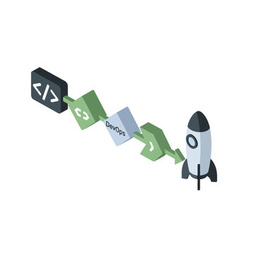 Isometric illustration of code blocks launching a rocket.