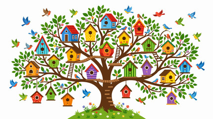 Fototapeta premium Colorful Birdhouses On A Tree Branch.