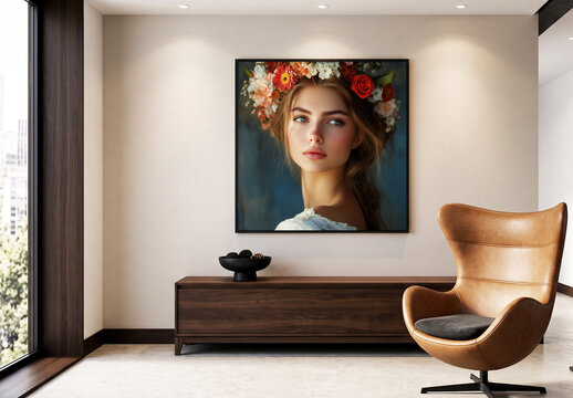 Square Poster Frame Mockup in Modern Living Room Interior