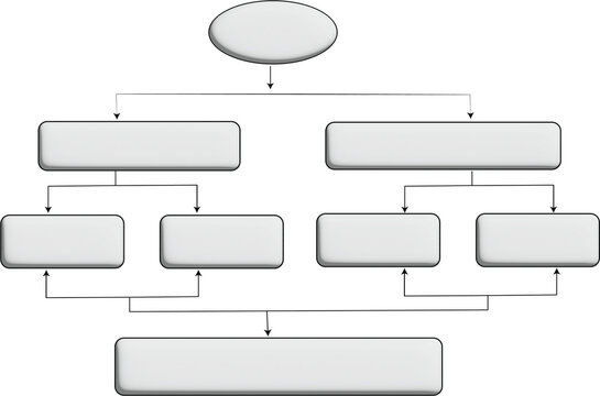 3D White Flowchart Template with Blank Rounded Boxes and Arrows on Black Background