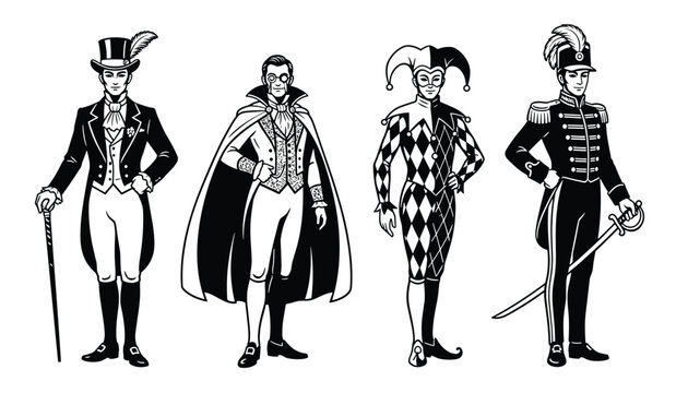 Black and white illustration of four men in different historical and character costumes including a jester and a soldier.