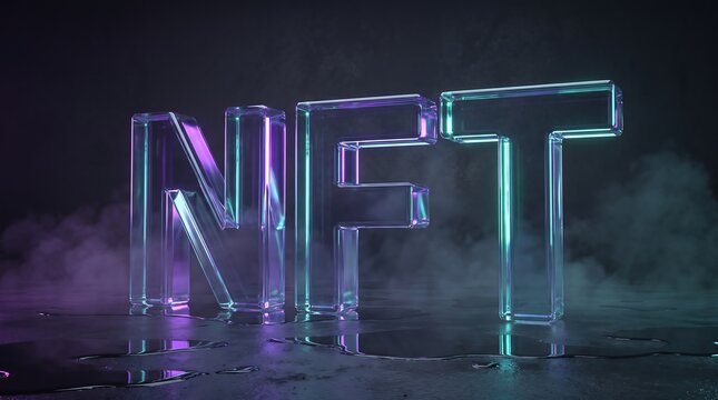 Glass 3d letters spelling nft with glowing neon blue and purple lights on a dark wet floor surface.
