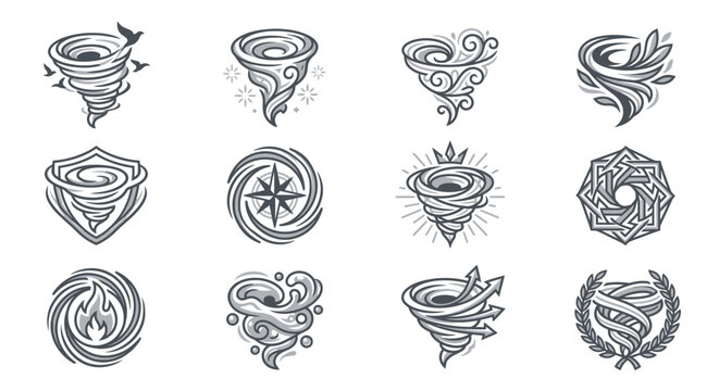 Stylized tornado and whirlwind weather icons in line art.