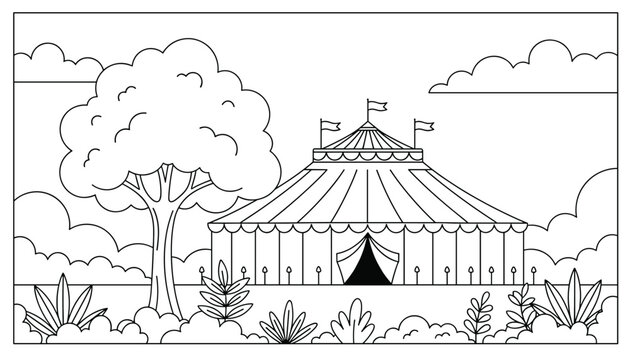 Detailed black and white coloring page features a classic striped circus tent set in a lush landscape with trees and tropical plants.