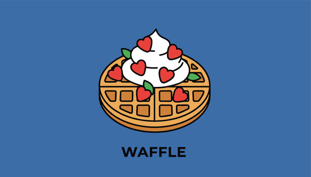 Delicious round waffle topped with a large mound of whipped cream and heart-shaped strawberry slices is set against a blue background.
